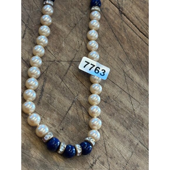 Vintage Pearl & Blue Beaded Necklace With Rhinestone Accents & Decorative Clasp - Picture 6 of 9